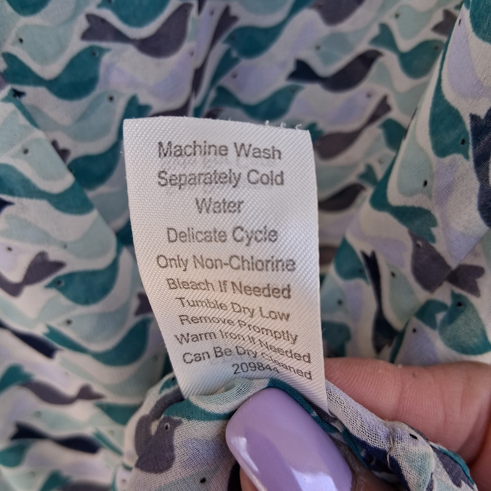 Cabi Bird Print Sheer Wrap Blouse L Blue Green Flowy Boho Chic Top - Picture 9 of 14